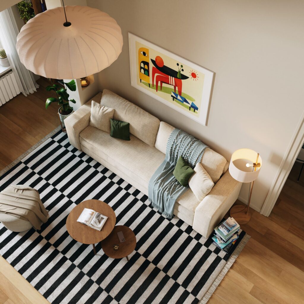 Canapé-lit Slome Ivy beige vu de dessus dans un salon