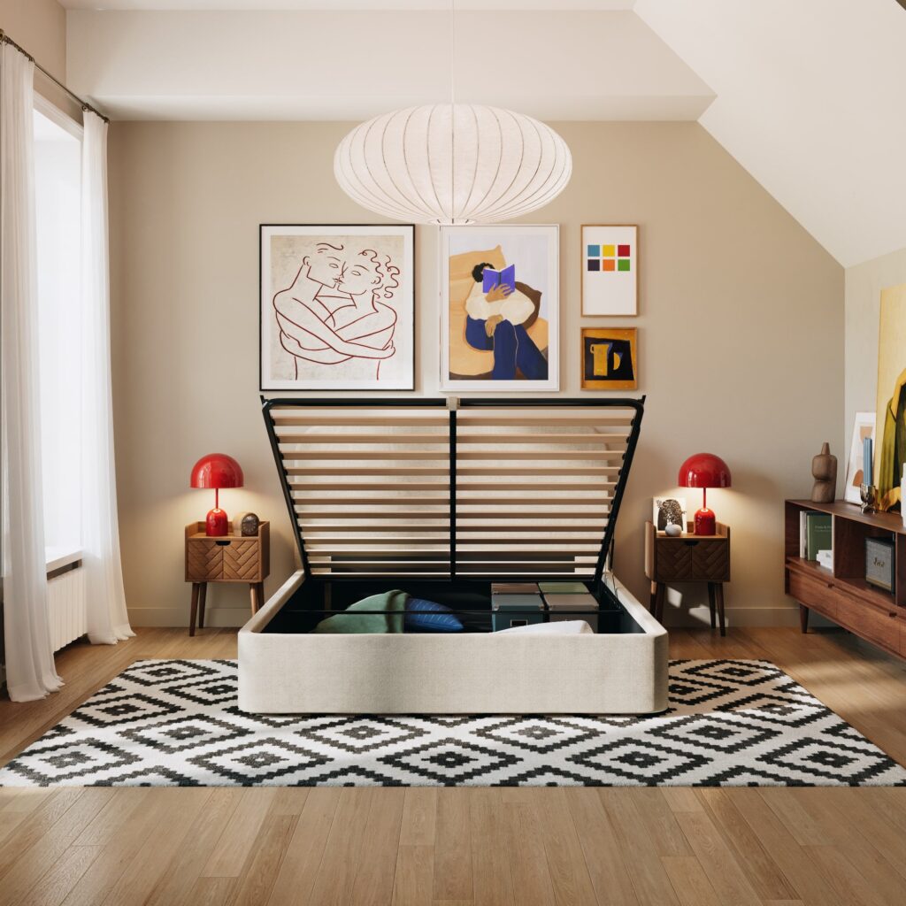 Coffre de rangement ouvert du lit Nova
