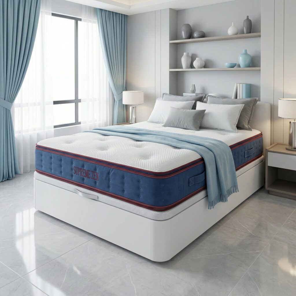 Matelas Bezen Supreme Zen, installé sur un lit coffre dans une chambre