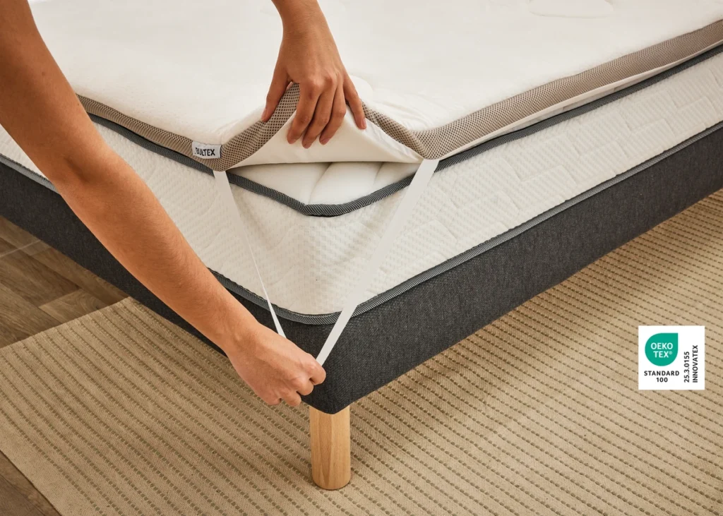 Main fixant l'élastique du surmatelas Bultex Memopower