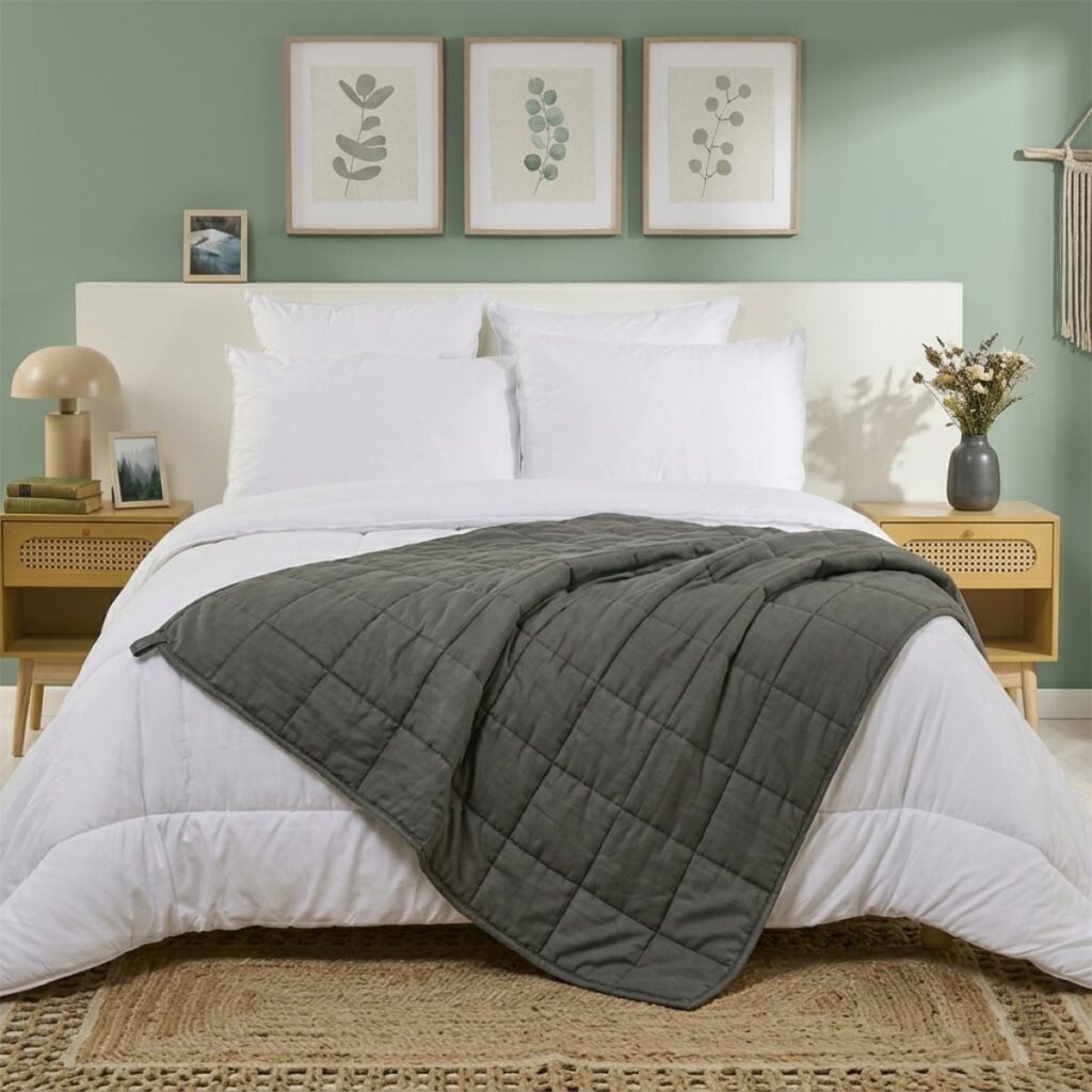 Couverture lestée Bleu Câlin dépliée sur un lit double