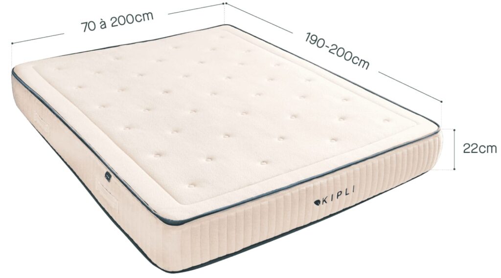 Kipli Latex Naturel Premium, vue du matelas avec ses dimensions et ses 22 cm d'épaisseur