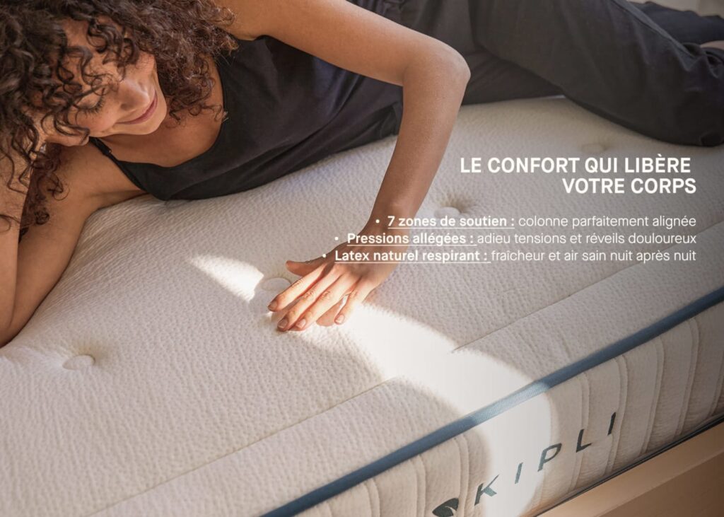 Femme allongée sur le matelas Kipli Latex Naturel Premium, housse capitonnée