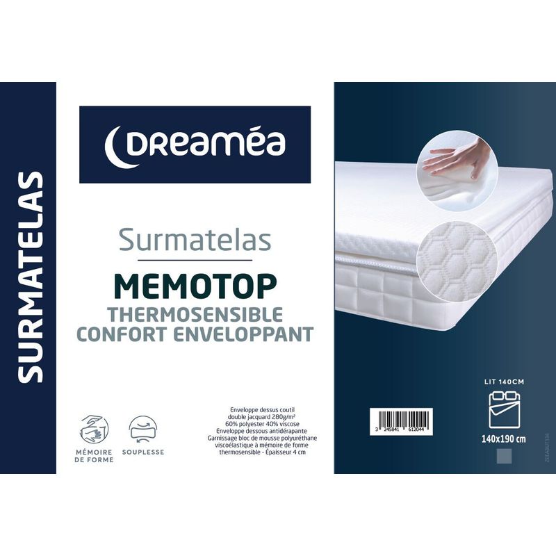 Emballage du surmatelas Dreaméa MemoTop 140x190 cm avec ses caractéristiques