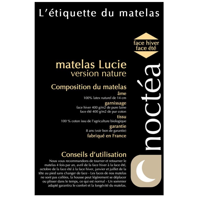 Matelas Noctéa Lucie, étiquette de composition et conseils d’entretien