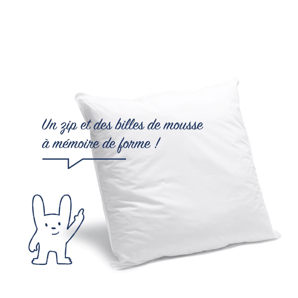 Illustration Bleu Câlin annonçant un zip et des billes de mousse à mémoire de forme