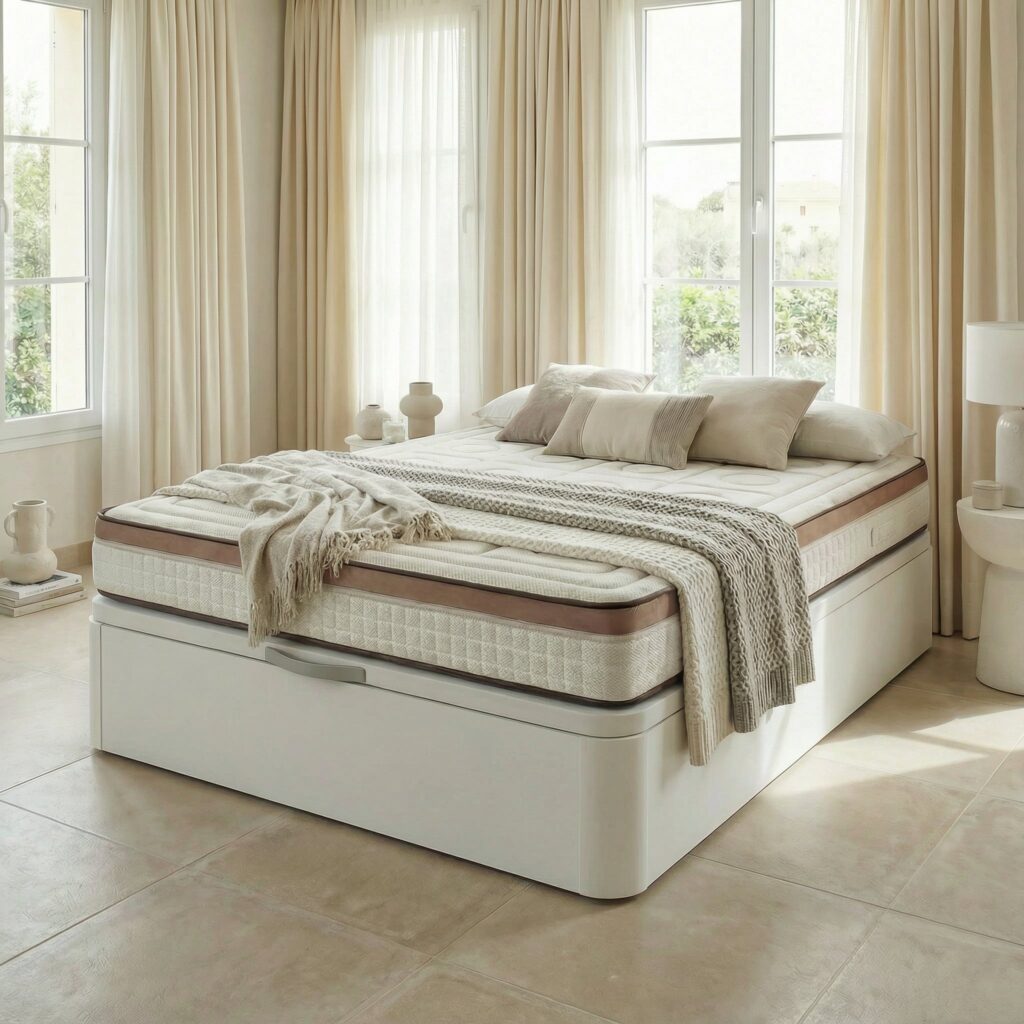 Matelas Bezen Toscana Deluxe, installé sur un lit coffre dans une chambre