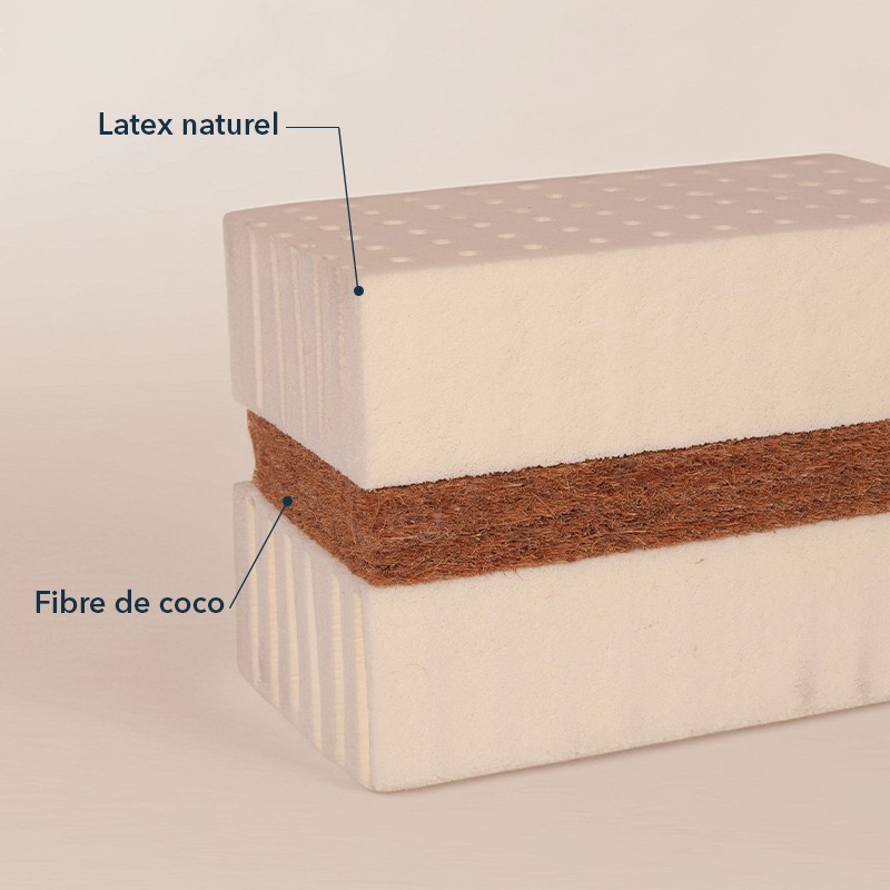 Coupe du matelas Cosme Très Ferme : latex naturel et couche de fibre de coco