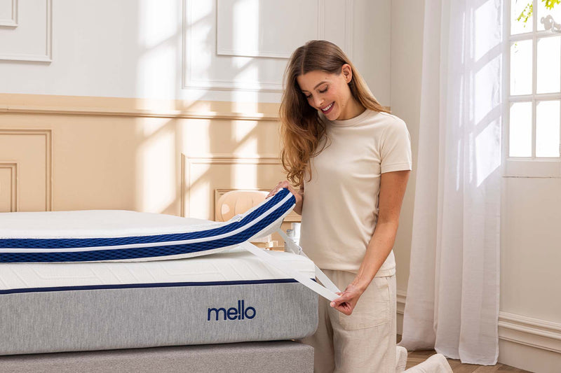 Surmatelas Mello Réversible, rabat soulevé pour montrer la face bleue