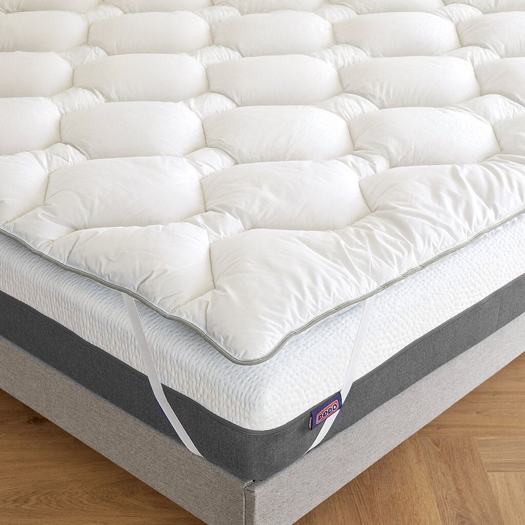 Gros plan sur le piquage hexagonal et un élastique d'angle du surmatelas Dodo Allergo Triple Protection