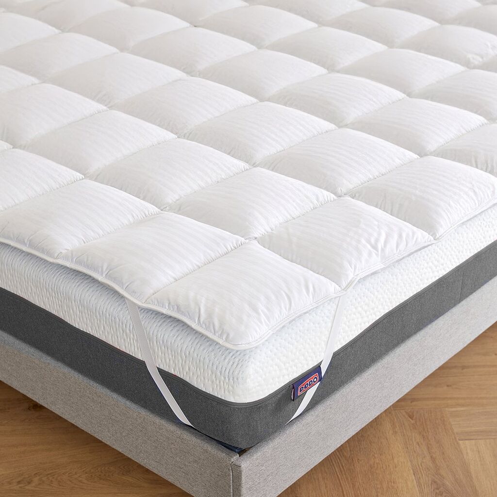 Gros plan sur le satin de coton rayé et un élastique d'angle du surmatelas Dodo Hôtel Prestige