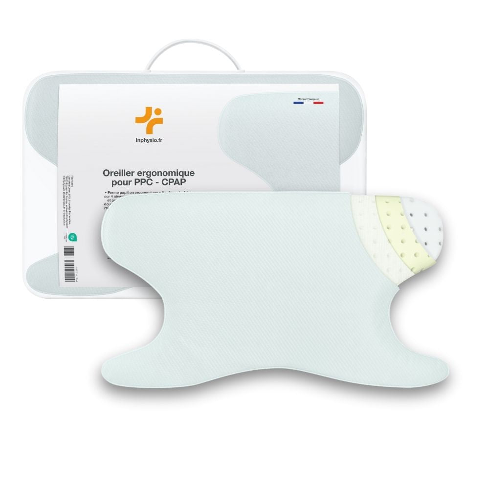 Oreiller PPC/CPAP Inphysio devant sa housse de transport, couches de mousse visibles