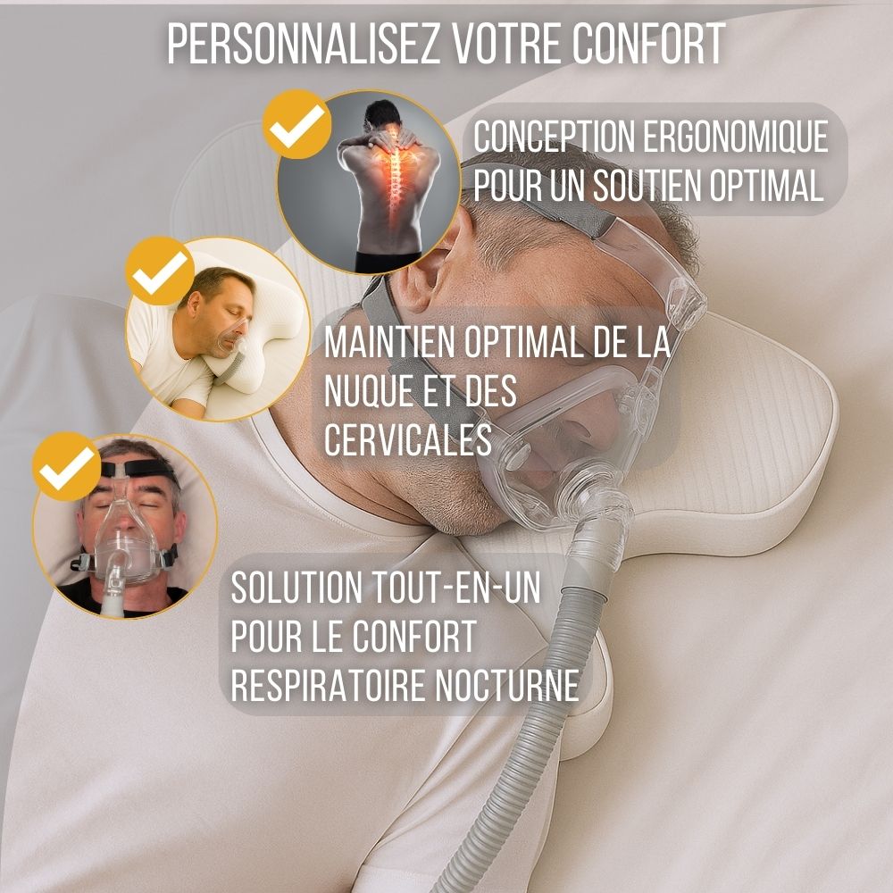 Dormeur sur le côté portant un masque de PPC, la tête sur l'oreiller Inphysio