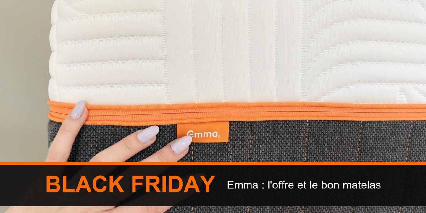 Main posée sur le flanc d'un matelas Emma, fermeture éclair orange et étiquette Emma, sous un bandeau Black Friday