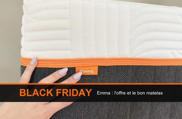 Main posée sur le flanc d'un matelas Emma, fermeture éclair orange et étiquette Emma, sous un bandeau Black Friday
