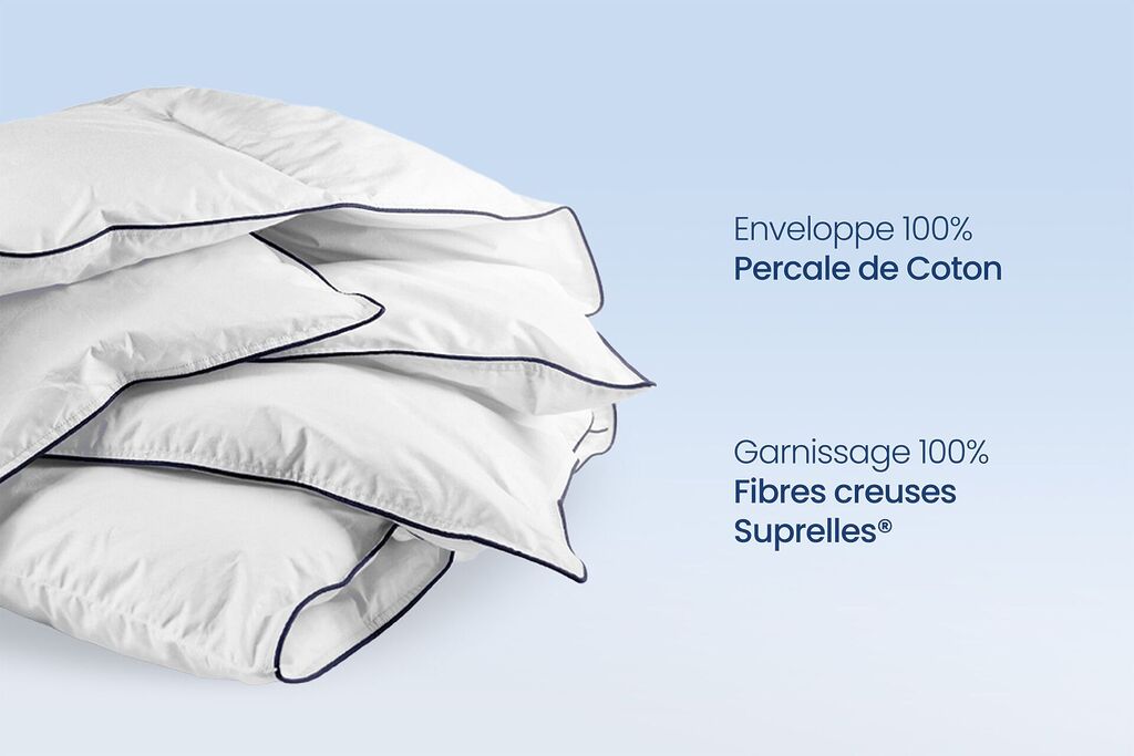 Couette coton Mello repliée, mentions percale de coton et fibres creuses Suprelle