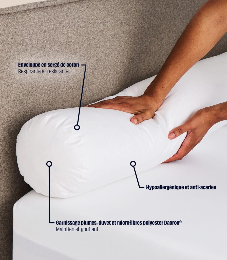 Traversin Tediber annoté : enveloppe en sergé de coton et garnissage plumes, duvet et fibres