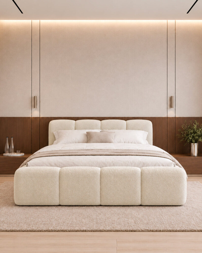 Morphea Lit Coffre Equinox beige avec matelas et literie dans une chambre