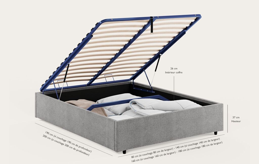 Sommier coffre Litier Français ouvert avec ses cotes, 37 cm de haut et 26 cm de coffre