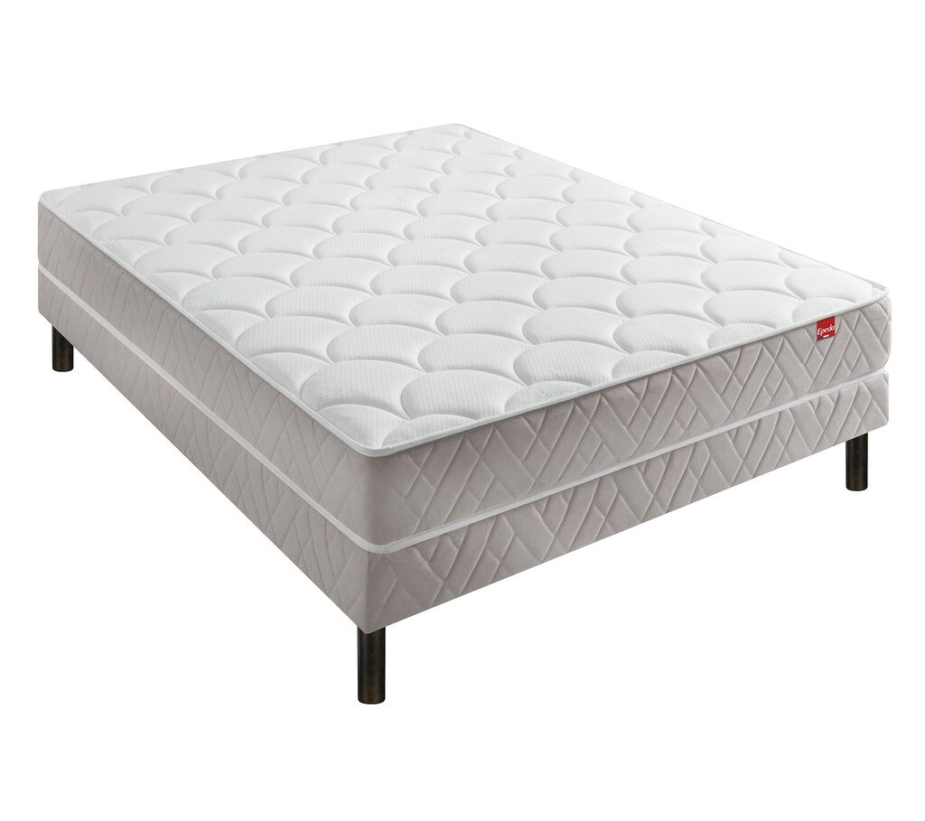Matelas Épéda Bomba Top posé sur un sommier assorti, vue de trois quarts