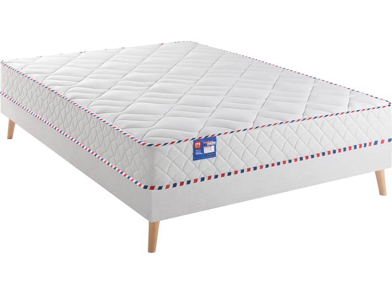 Matelas Mérinos Maman Cool 2 posé sur un sommier à pieds bois