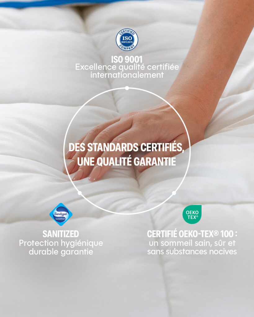 Main posée sur la couette Morphea, labels OEKO-TEX et Sanitized