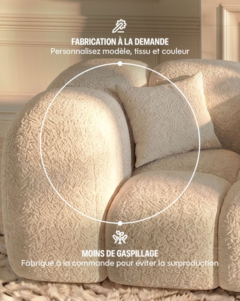 Gros plan sur la bouclette et les coussins du canapé Morphea ALBA