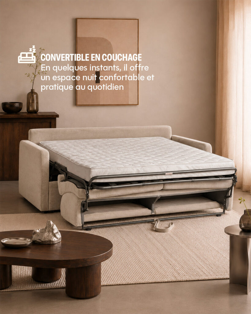 Canapé-lit Morphea NINA ouvert, matelas de 13 cm déplié dans un salon