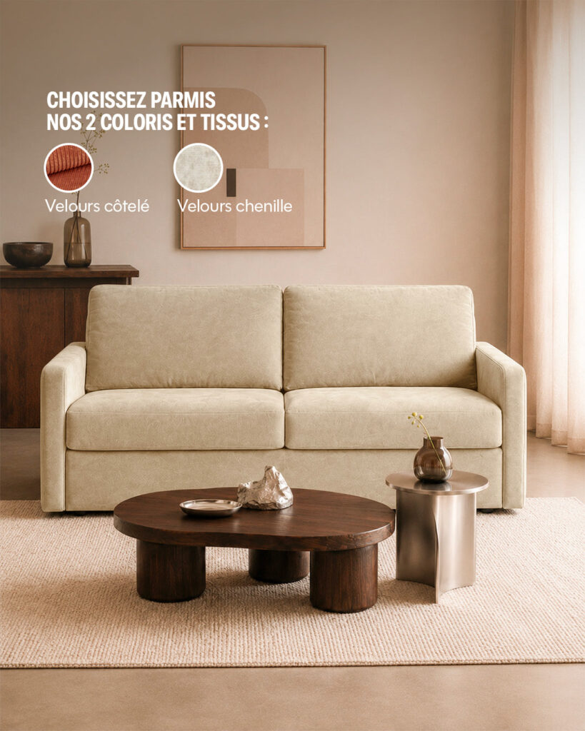 Canapé-lit Morphea NINA beige dans un salon avec table basse