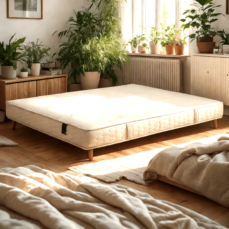 Matelas Noctéa Abysse posé sur un sommier dans une chambre lumineuse