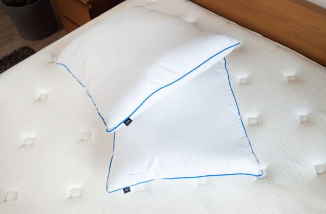 Deux oreillers blancs posés sur un matelas capitonné, vue de dessus