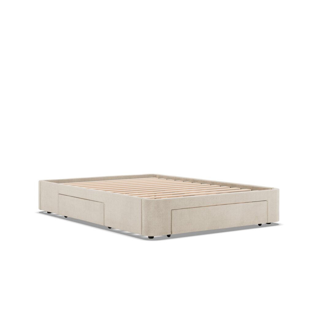 Slome Sommier tiroirs Nova vu de trois quarts, lattes en bois apparentes