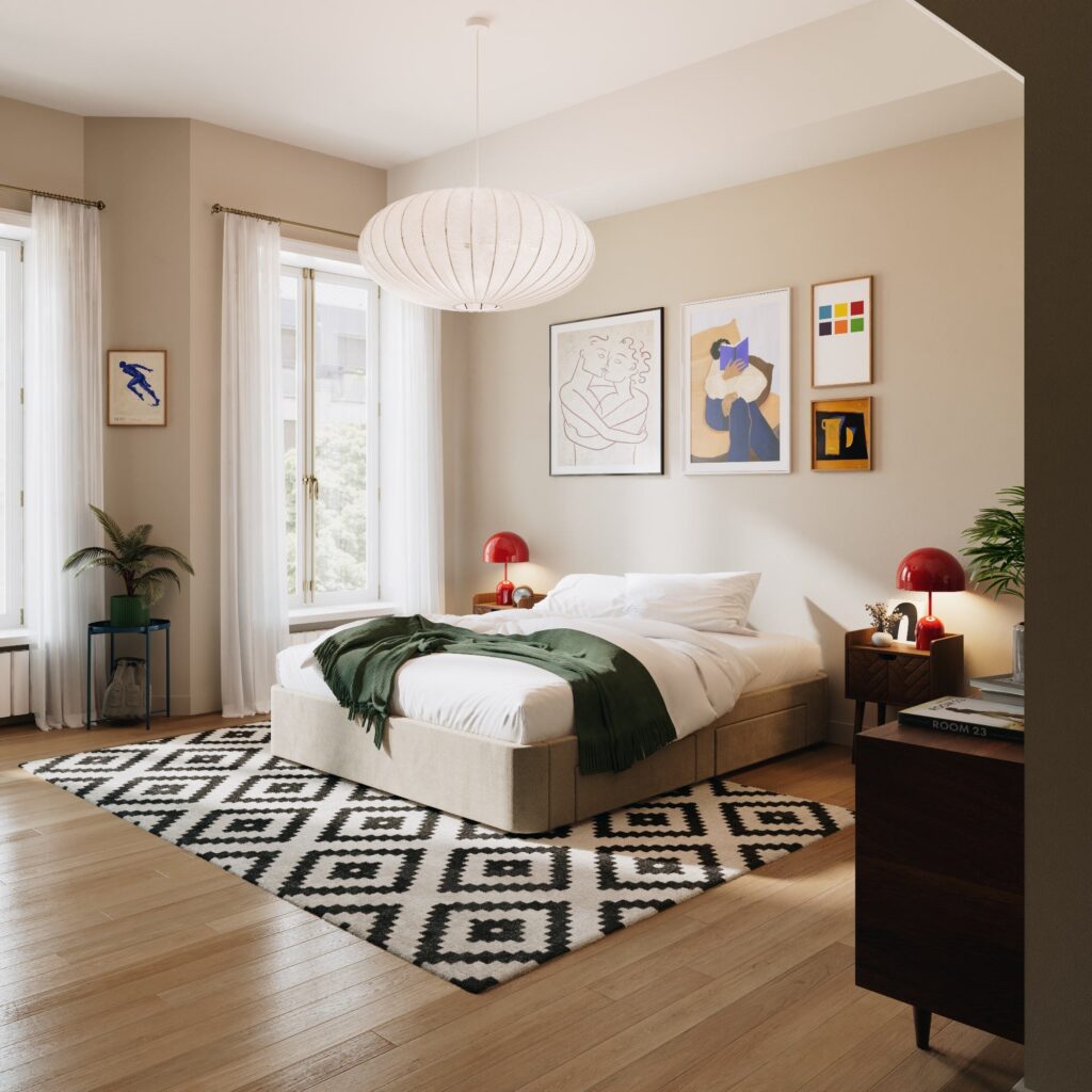 Slome Sommier tiroirs Nova avec un matelas et du linge de lit dans une chambre