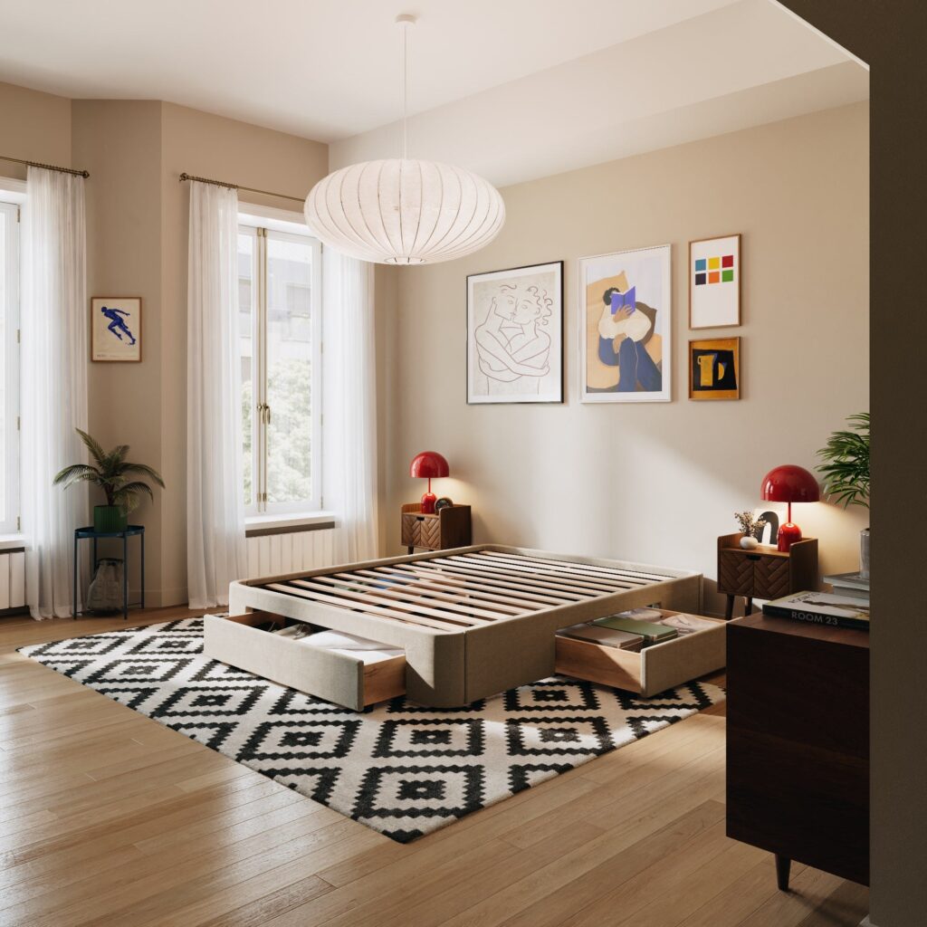 Slome Sommier tiroirs Nova dans une chambre, tiroirs ouverts sans matelas