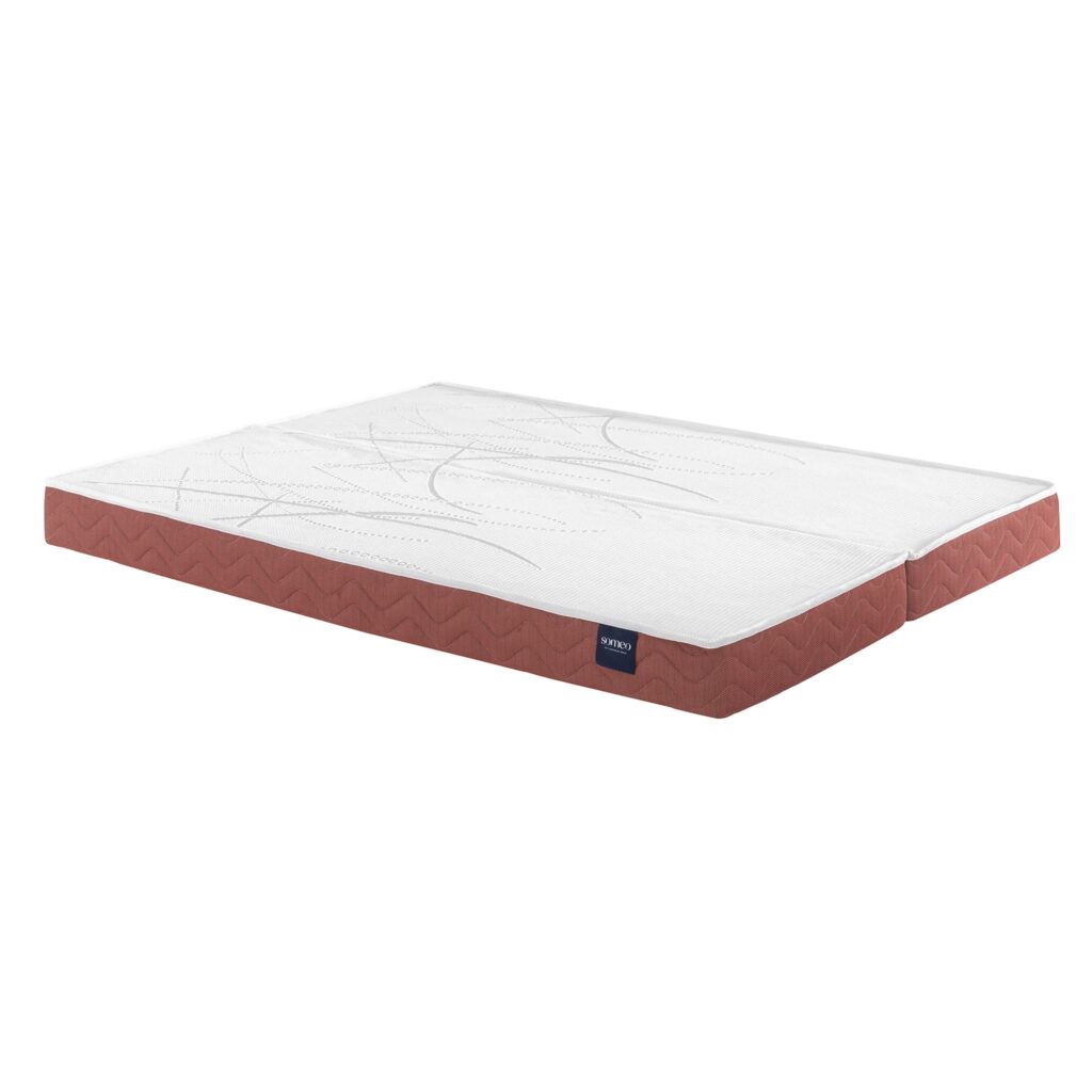 Matelas clic-clac Someo Crépuscule 400 à plat, vu de trois quarts sur fond blanc