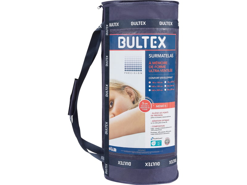 Surmatelas Bultex Memo 5 roulé dans son sac de transport
