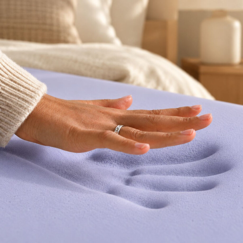 Empreinte d’une main dans la mousse à mémoire de forme du surmatelas Matelas No Stress